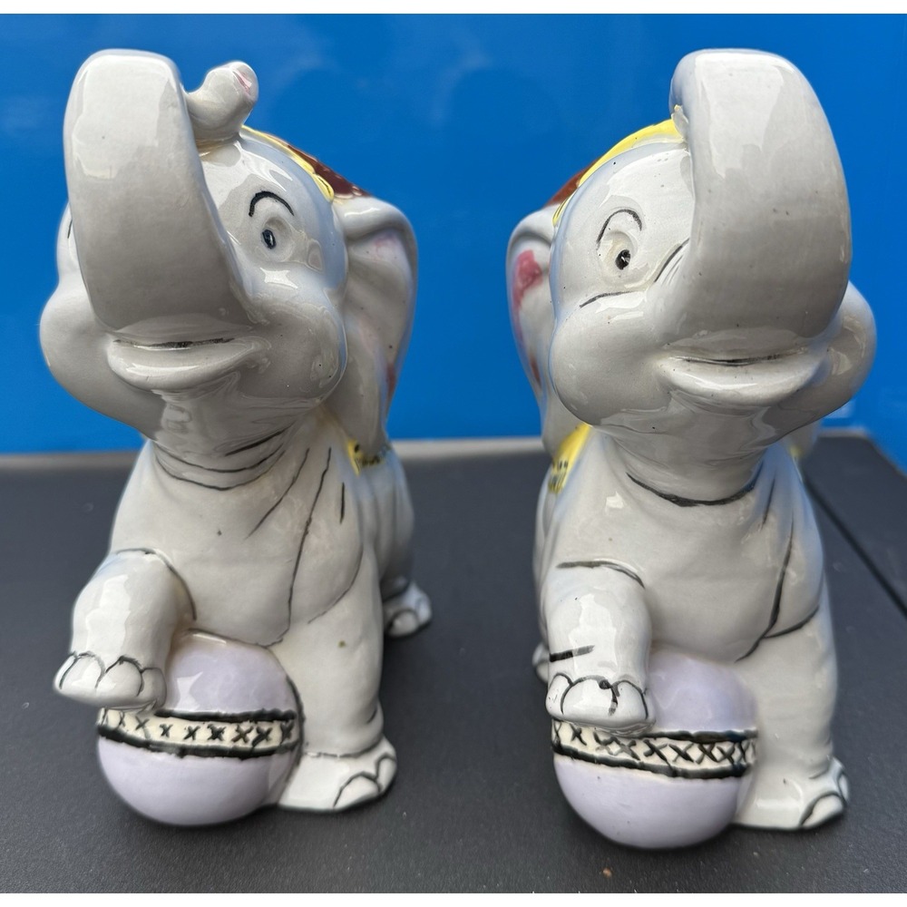 Set Of 2 Vintage Ceramic Dumbo Circus‎ Elephant Planter Trunk Up Multicolor